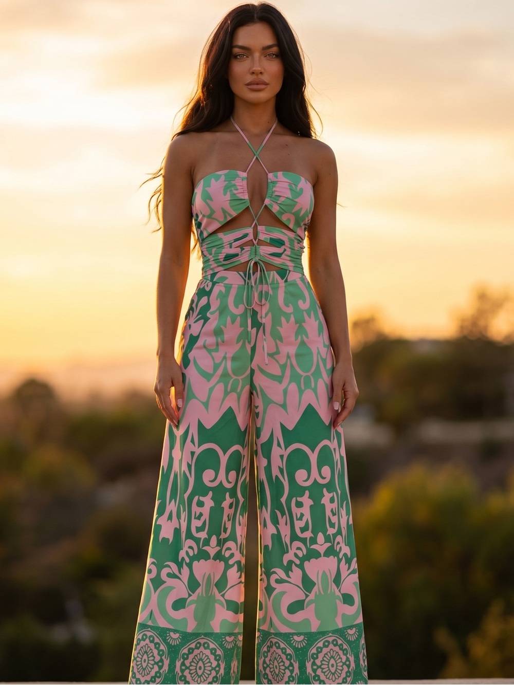 FASHION NOVA Kylina Tropical Jumpsuit Palazzo Pants Sexy Cut Outs Resort Wear